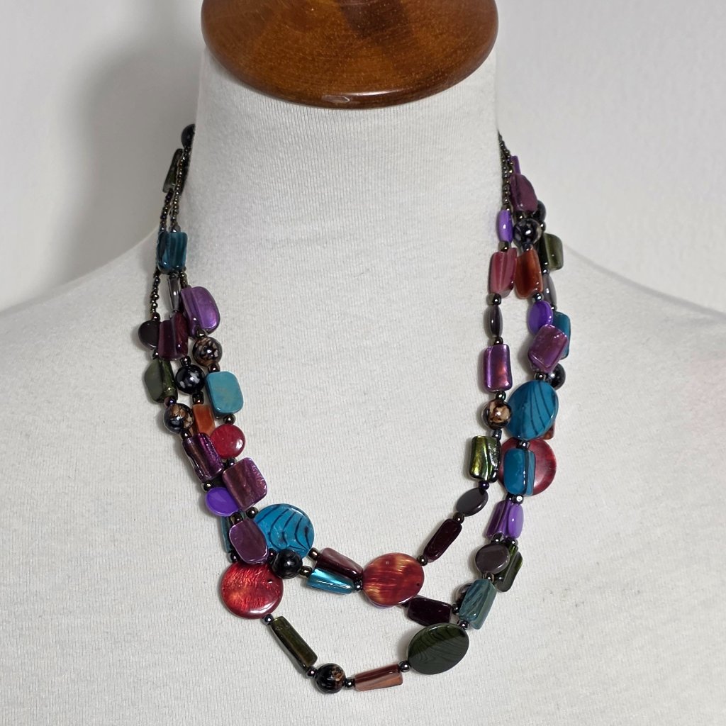 Vibrant Multi-Strand Necklace Eclectic Mix Of Colorful Irregularly Shaped Beads 18$